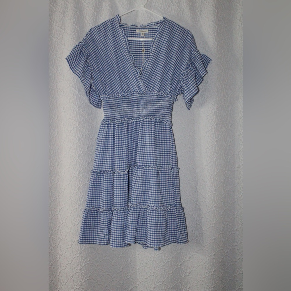 Max Studio Blue & White Gingham Smocked Dress